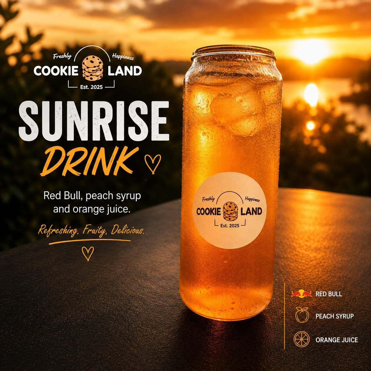 Sunrise Drink - Red Bull with peach syrup and orange juice